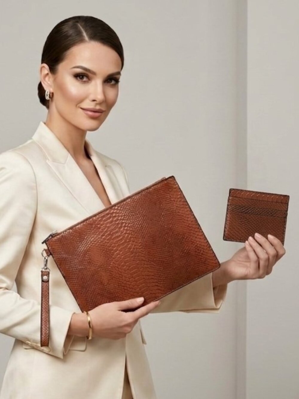 NWOT Brown Clutch PU Leather Snakeskin with Card Holder